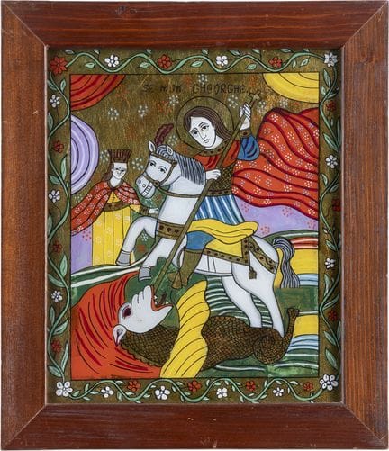 A REVERSE-PAINTED GLASS ICON SHOWING ST GEORGE SLA