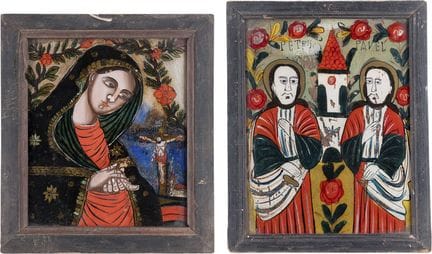 TWO REVERSE PAINTINGS ON GLASS DEPICTING THE MOURN