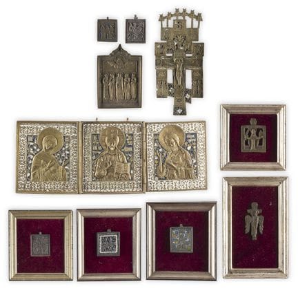 A COLLECTION OF TEN BRASS ICONS DEPICTING DEISIS, 
