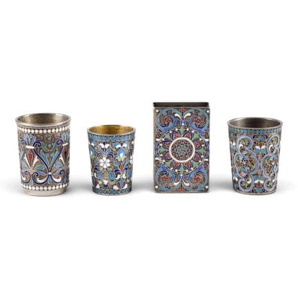 THREE SILVER AND CLOISONNÉ ENAMEL BEAKERS AND A MA