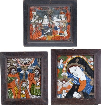 THREE REVERSE PAINTINGS ON GLASS DEPICTING THE COR