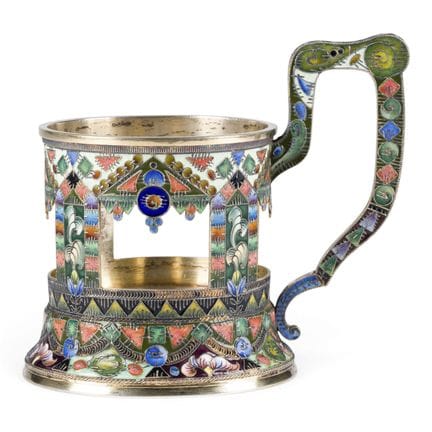 A VERY FINE SILVER-GILT AND CLOISONNÉ ENAMEL TEA-G