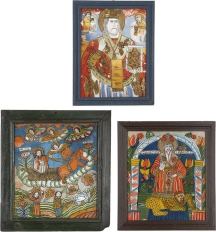 THREE REVERSE PAINTINGS ON GLASS DEPICTING SELECTE