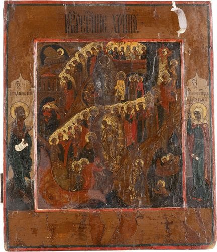 A FINE ICON DEPICTING THE DESCENT INTO HELL AND TH