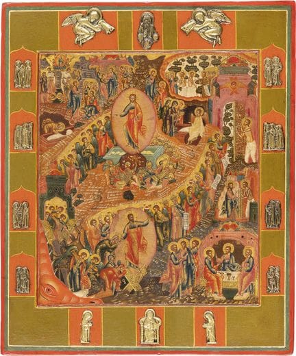 A FINE ICON DEPICTING THE DESCENT INTO HELL AND TH