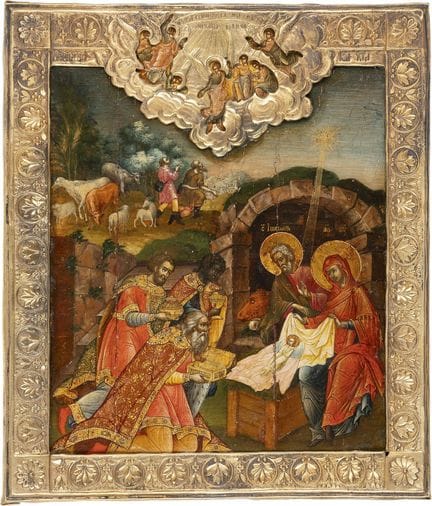 A VERY FINE ICON DEPICTING THE ADORATION OF CHRIST