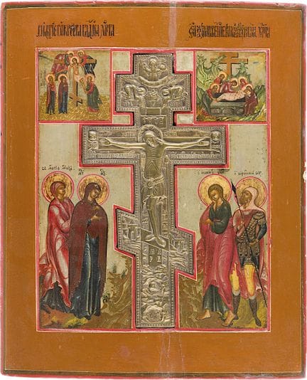 A LARGE STAUROTHEK ICON DEPICTING THE CRUCIFIXION,