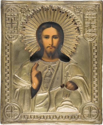 ICÔNE DU CHRIST PANTOKRATOR AVEC OKLAD Russie, mil