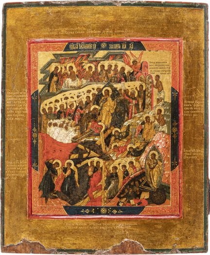 A FINE ICON DEPICTING THE DESCENT INTO HELL AND TH