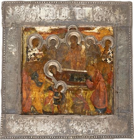 A FINE ICON DEPICTING THE DORMITION OF THE MOTHER 