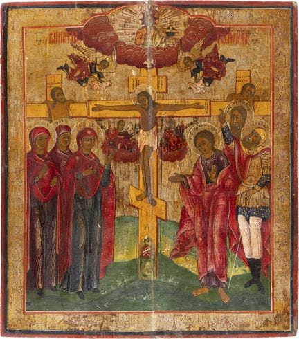 A LARGE ICON DEPICTING THE CRUCIFIXION OF CHRIST R