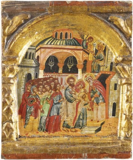 A RARE ICON DEPICTING THE ENTRY OF THE MOTHER OF G