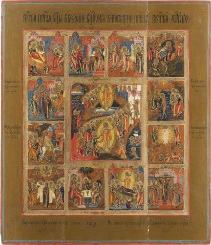 A LARGE ICON OF THE TWELVE MAJOR FEASTS OF THE ORT
