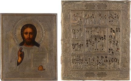 DEUX ICÔNES AVEC OKLADS : LE CHRIST PANTOKRATOR ET