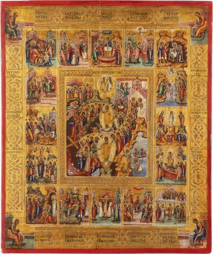 A LARGE ICON DEPICTING THE DESCENT INTO HELL AND T