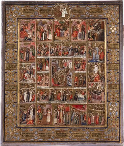AN EXTENDED FEAST DAY ICON DEPICTING 16 MAJOR FEAS