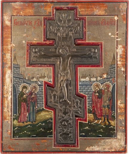 A LARGE STAUROTHEK ICON DEPICTING THE CRUCIFIXION 