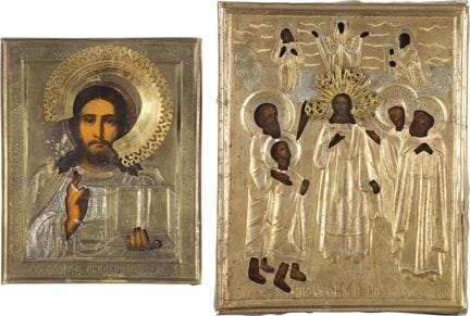 DEUX PETITES ICÔNES AVEC OKLAD : LE CHRIST PANTOKR