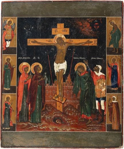 A LARGE ICON DEPICTING THE CRUCIFIXION OF CHRIST R