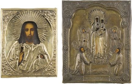 DEUX ICÔNES AVEC OKLAD : LE CHRIST PANTOKRATOR ET 