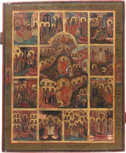 A LARGE ICON DEPICTING THE DESCENT INTO HELL AND T