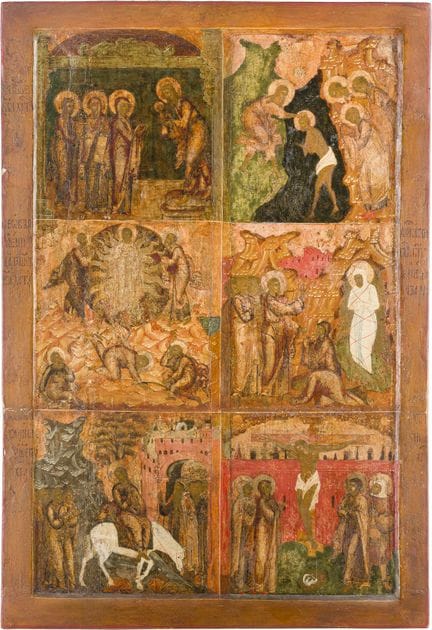 A MONUMENTAL ICON DEPICTING SIX MAJOR FEASTS OF TH