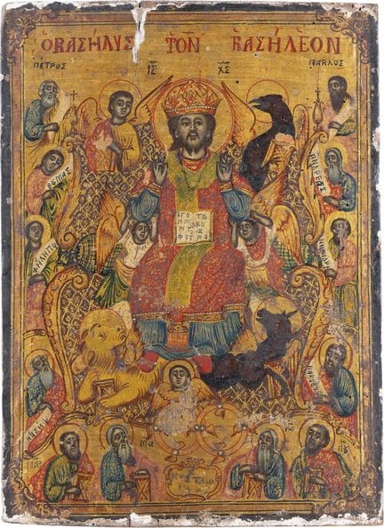 UNE GRANDE ICÔNE REPRÉSENTANT LE CHRIST ENTHRONÉ E