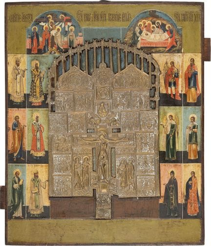 A LARGE STAUROTHEK ICON FEATURING A BRASS CRUCIFIX