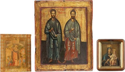 TRES ICONOS CON IMÁGENES DE LA MADRE DE DIOS Y DE 