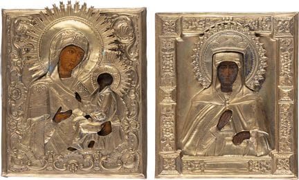 DOS ICONOS CON MARCOS: LA MADRE DE DIOS DE TIKHVIN