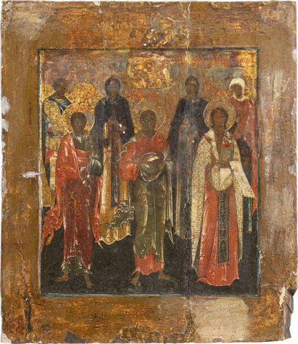 ICÔNE REPRÉSENTANT SEPT SAINTS PATRONS CHOISIS Rus