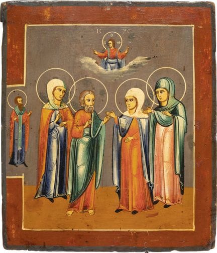 ICONO CON CUATRO SANTOS PATRONOS. Rusia, siglo XIX