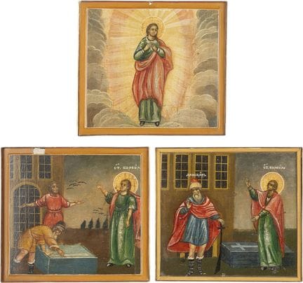 TRES FRAGMENTOS DE ICONOS QUE REPRESENTAN A SANTA 