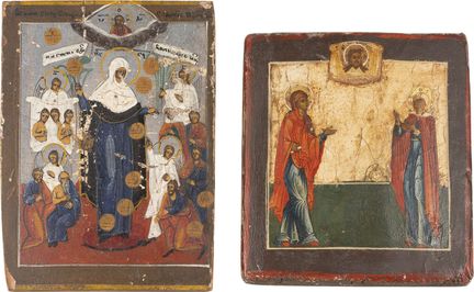 DOS ICONOS EN MINIATURA: DOS SANTOS Y LA MADRE DE 