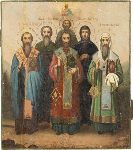 GRAN ICONO PATRONAL EN EL QUE APARECEN SEIS SANTOS