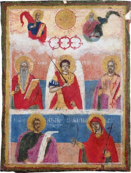 ICONO DE DOS PARTES QUE MUESTRA A VARIOS SANTOS SE