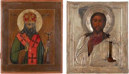 DEUX ICÔNES : LE CHRIST PANTOKRATOR AVEC UN OKLAD 