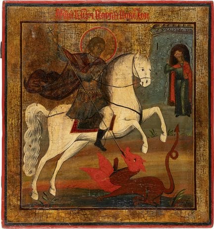 ICÔNE REPRÉSENTANT SAINT GEORGES TUANT LE DRAGON. 