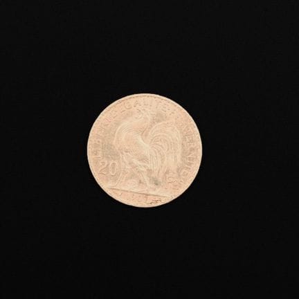 Una moneta da 20 franchi, "Il Gallo", in oro giall