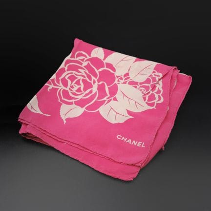 CHANEL 
Pink muslin square scarf with a white came