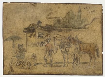 法国画派，19世纪
《骑马男子》
右上角有难以辨认的签名及“1846”年份标注；背面有题记及素描草图