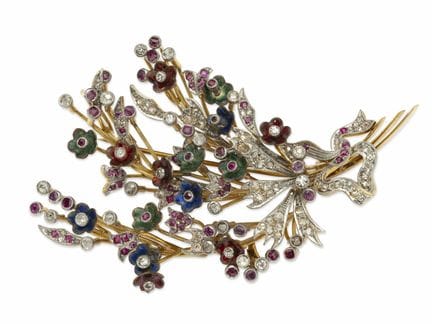 SPILLA “BUQUET DI FIORI” CON DIAMANTI, RUBINI, SMA