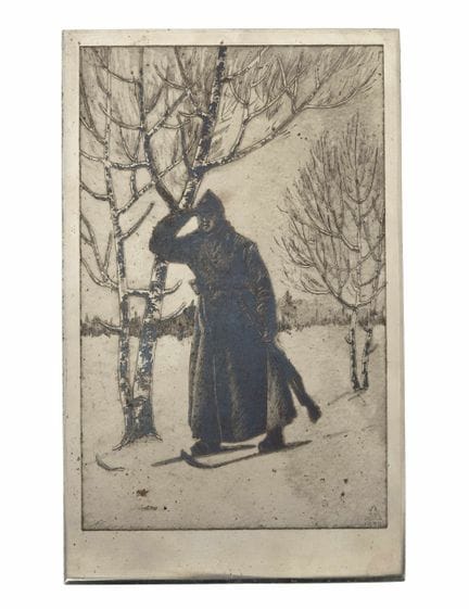 SOVIET ENGRAVED METAL PLAQUE ‘BUDYONOVETS ON SKIS’