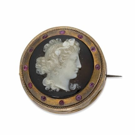 SPILLO-MEDAGLION DEL XIX SECOLO CON CAMEO, RUBINI 