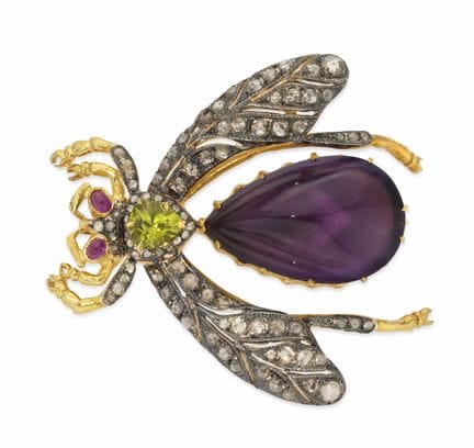 SPILLA “SCARABEO” IN ORO GIALLO E ARGENTO DORATO C