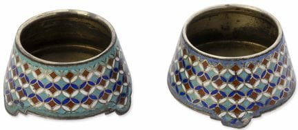 PAIR OF RUSSIAN ENAMEIL AND PARCEL-GILT SILVER SAL