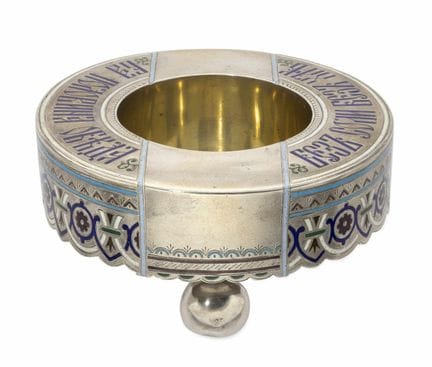 RUSSIAN SILVER AND CLOISONNÉ ENAMEL SALT CELLAR ‘W