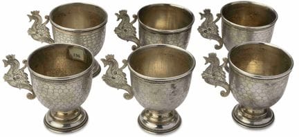 SET OF SIX RUSSIAN SILVER-GILT CUPS WITH HANDLES M