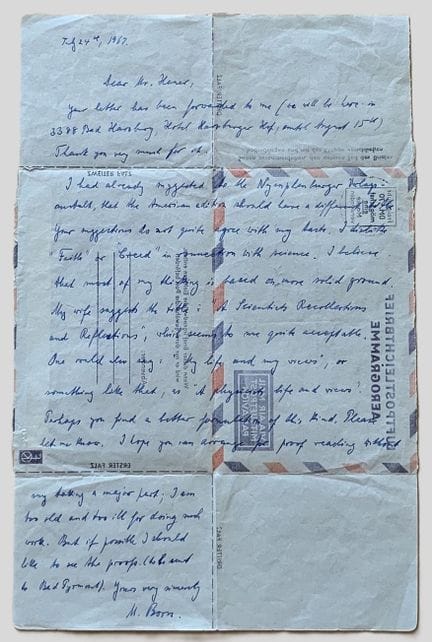 MAX BORN (1882-1970)
Carta autógrafa firmada «M. B
