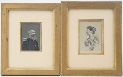 Two silk-woven portraits: King Leopold II in unifo